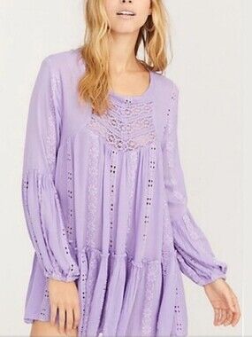 FREE PEOPLE boho Lilac Lavender Lace Eyelet Babydoll Tunic Dress Pastel Cottage